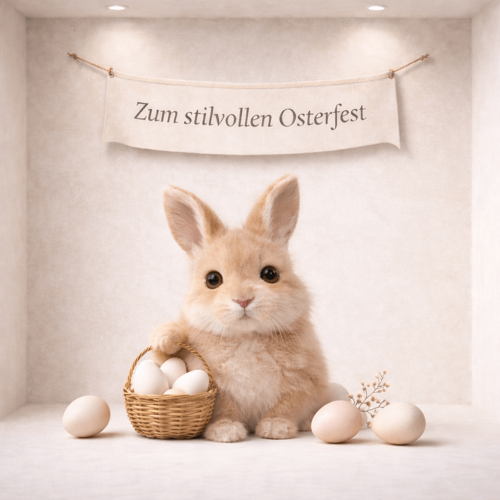 Moderne Osterdeko mit einem niedlichen Hasen und Eiern in einem stilvollen Raum für Ostern.