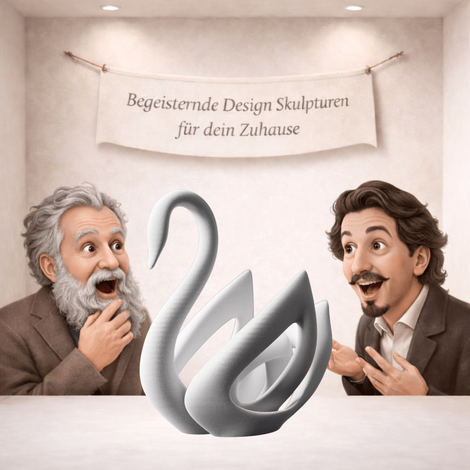 Moderne Design Skulpturen bei begeisterten Männern, vorgestellt in stylischer Umgebung.