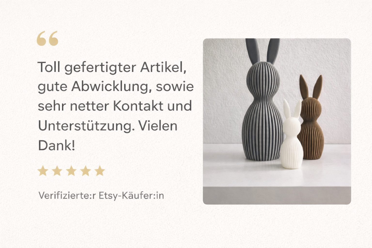 Kundenbewertung für handgefertigte Artikel mit zwei dekorativen Hasenfiguren, positive Rückmeldung und 5 Sterne.