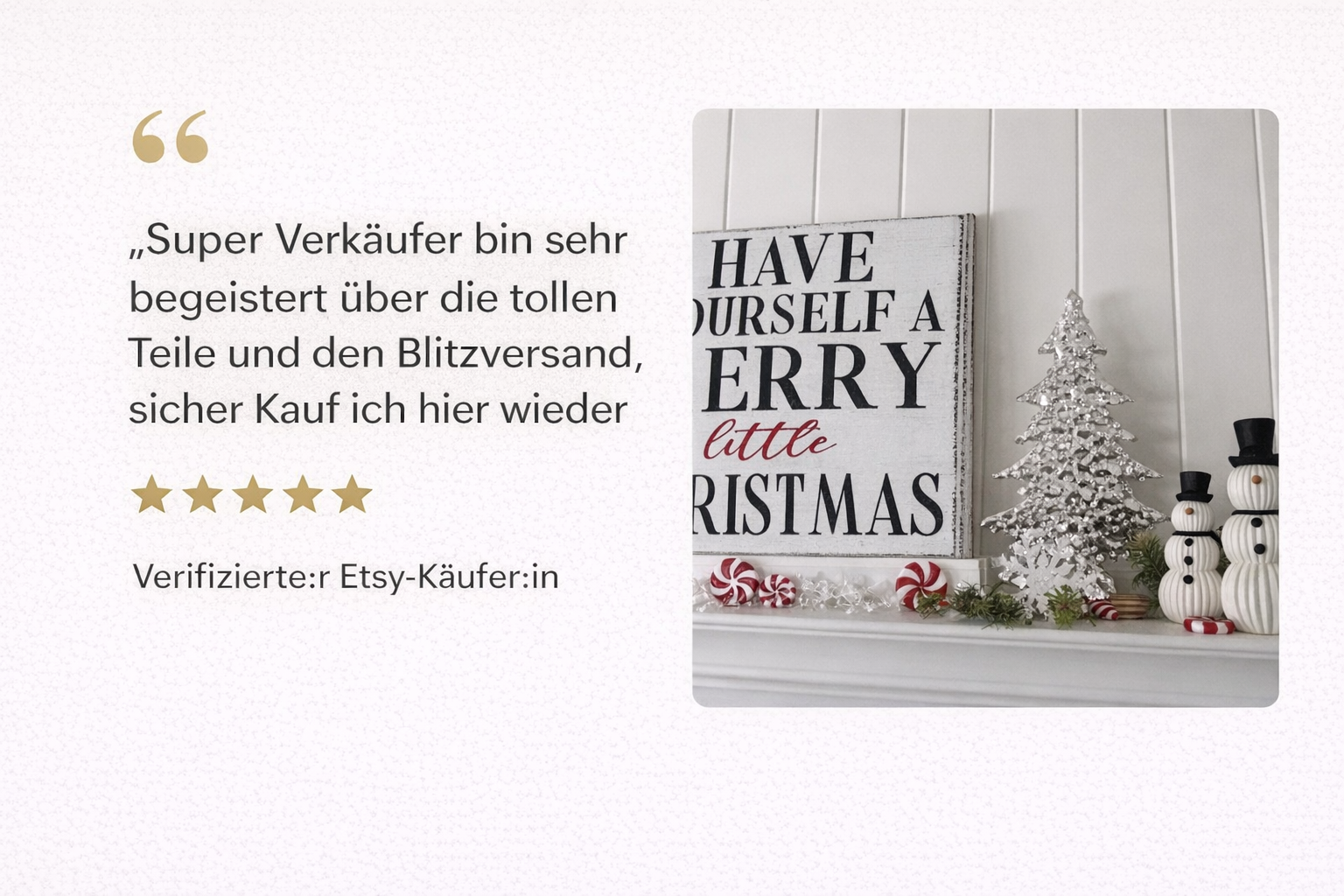 Kundenbewertung eines ETSY-Käufers mit fünf Sternen, lobt tollen Versand und Produkte für Weihnachten.