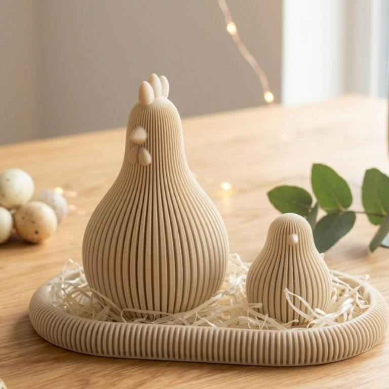 Henne und Küken Dekoset im Ribbed Design auf einem Tablett – moderne minimalistische Oster- und Frühlingsdeko