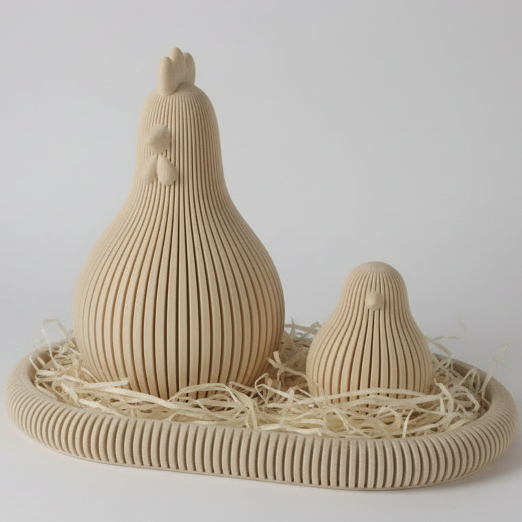 Henne und Küken Dekoset im Ribbed Design auf Tablett – moderne minimalistische Oster- und Frühlingsdeko