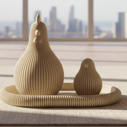 Detailansicht eines Henne und Küken Dekosets im Ribbed Design auf einem Tablett – minimalistische Oster- und Frühlingsdeko